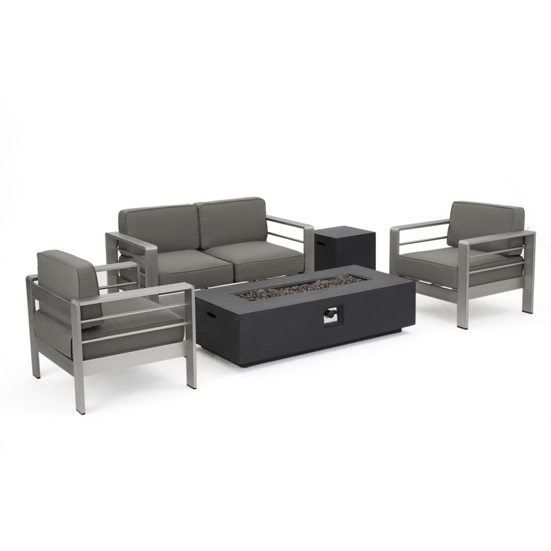 Caggiano 4 - Person Patio Conversation Set with Cushions, Gray Cushion/Silver Frame + Dark Gray Firepit