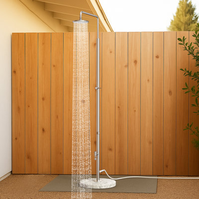 Douche d'extérieur en marbre naturel KES avec base lestée, pomme de douche de pluie autoportante et rince-pieds, adaptateur de tuyau en laiton 3/4 po, sangle anti-basculement et piquet de sol, acier inoxydable 18/8