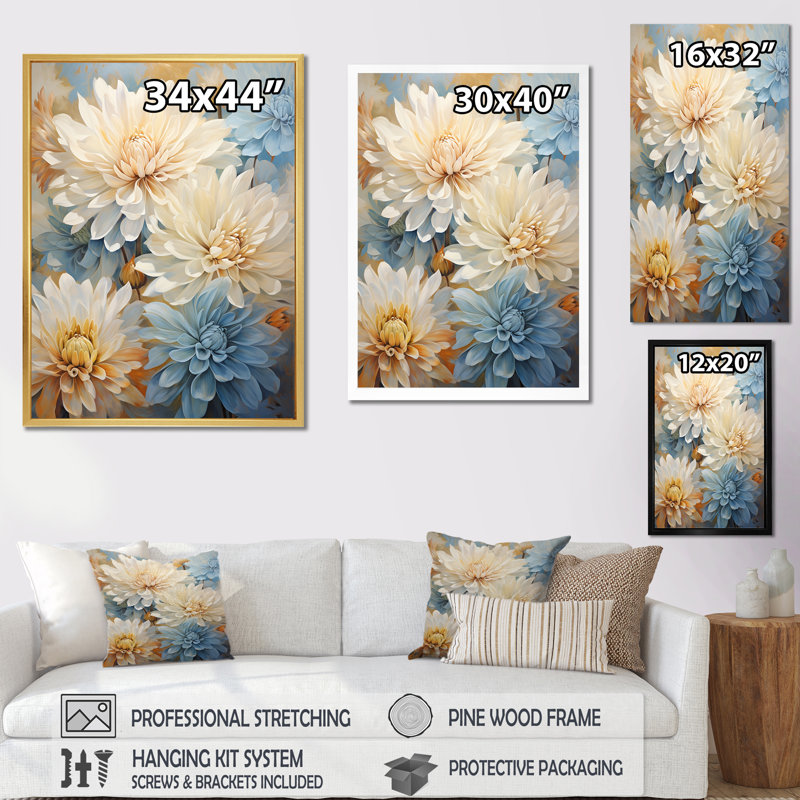 Minimalisme «Blooming Mums» en beige et bleu discret IV sur toile, Cadre flottant blanc, 40" H x 30" W