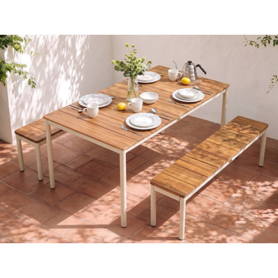 Kahrama Acacia Rectangular Solid Wood and Steel Patio Dining Set