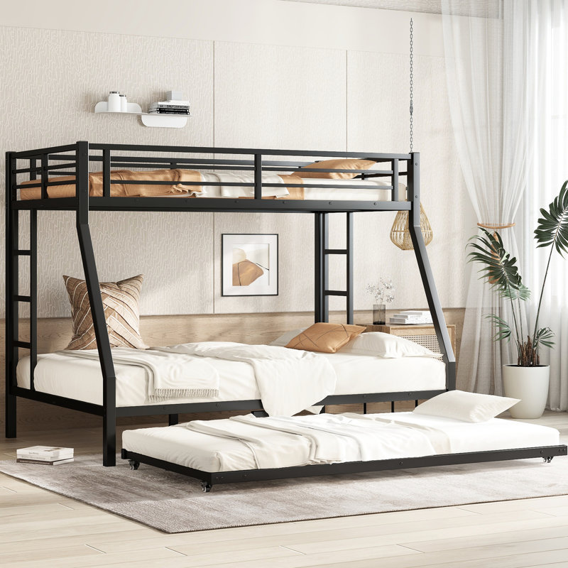 Black Metal Twin Over Full Bunk Bed With Trundle - Solid Quality, Silent Movement, Storage Benefit, Guardrail Protection, Simple Setup Frame, No Noise From Slats, Under Reinforced Bottom, Easy To