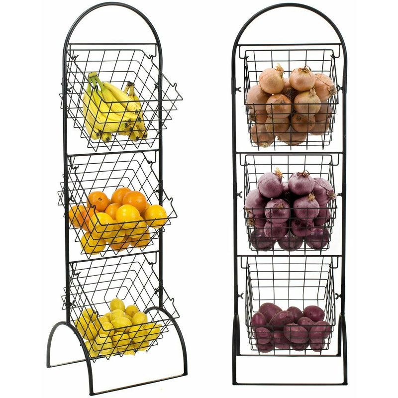 Black Metal 3-Tier Square Basket Stand for Kitchen Storage