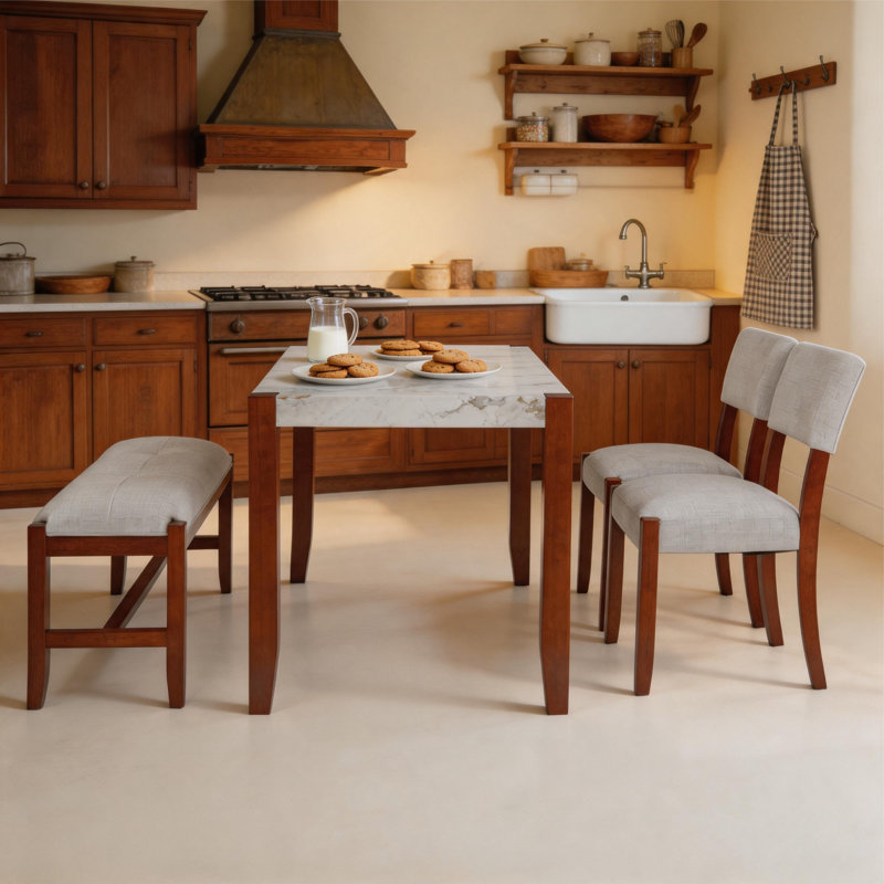 Ensemble de salle à manger moderne 4 pièces, table de salle à manger en faux marbre avec pieds en bois d'hévéa, 2 chaises rembourrées et 1 banc, ensemble de coin-repas à dossier courbé beige