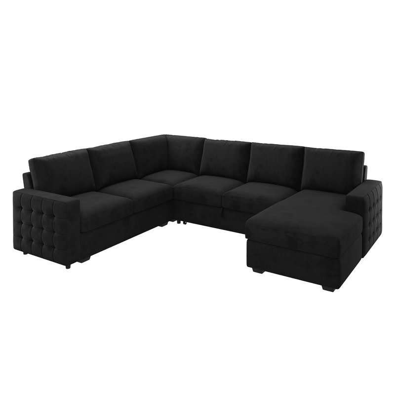 Chasidi U-Shaped Sectional Sofa Bed Pull Out Sleeper Couch With Storage Chaise, Black Velvet
