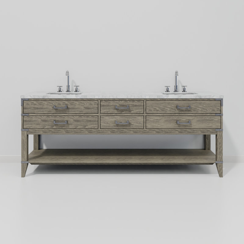 Ensemble de meuble-lavabo double 84 po, Marbre de Carrare blanc, Chêne gris