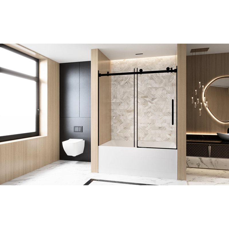 Single Sliding Shower Door 56 - 60 "W X 60" H, 6Mm Clear Tempered Glass, Matte Black Finish, Film, Stainless Steel Handle And Track, American Design For Bathroom, Large Wheels Stable Quiet Glide,