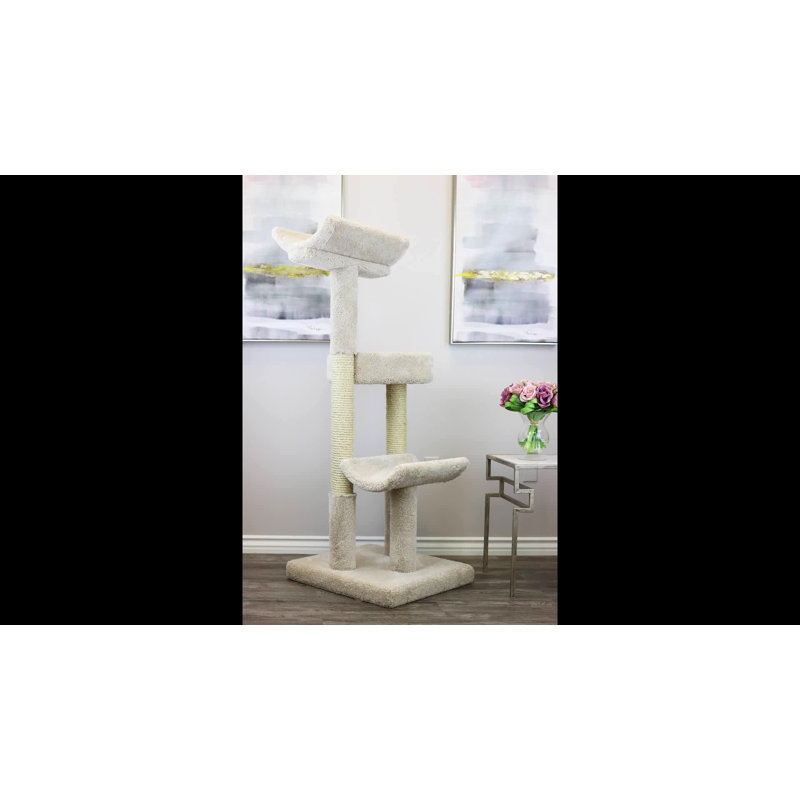 Beige 56'' Sisal and Wood Cat Tree with Double Scratching Posts