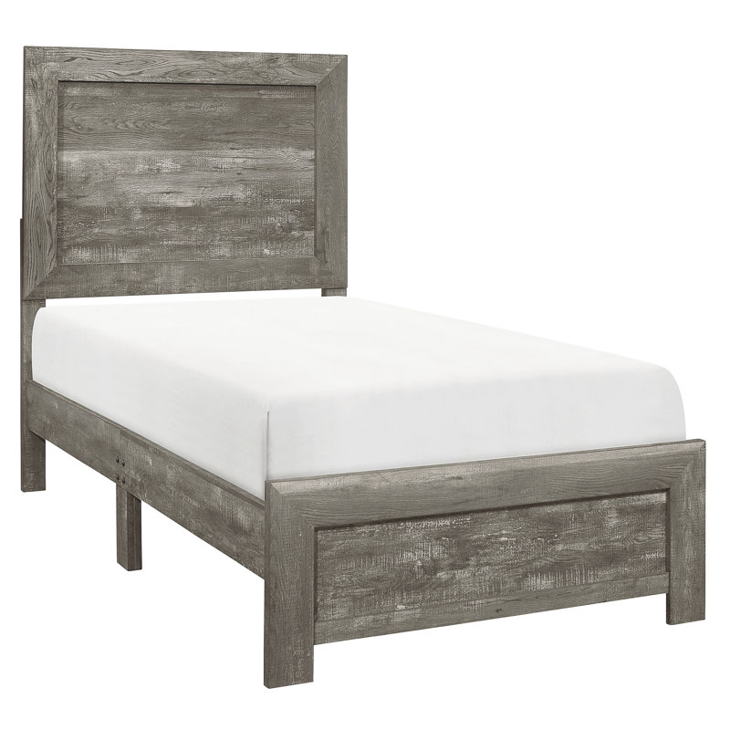 Structure de lit simple de style rustique, couleur grise, matériau en bois, livré avec tête de lit et taille des rails pour la chambre à coucher, bois, rails, sommier nécessaire