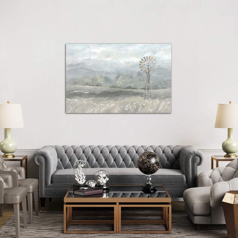 Country Meadow Windmill Landscape Neutral by Cynthia Coulter - Print on Canvas, 20.32 cm H x 30.48 cm W, Wrapped Canvas