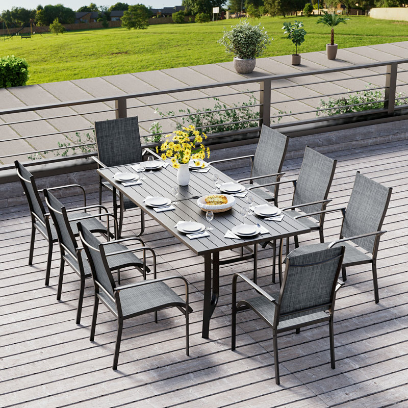 Ensemble de salle à manger de patio 9 pièces, ensemble de table et chaises d'extérieur pour 8, 8 chaises en textilène, 1 table rectangulaire en fer avec trou de parasol réglable, ensemble de mobilier de patio pour terrasse, jardin, pelouse, bord de p
