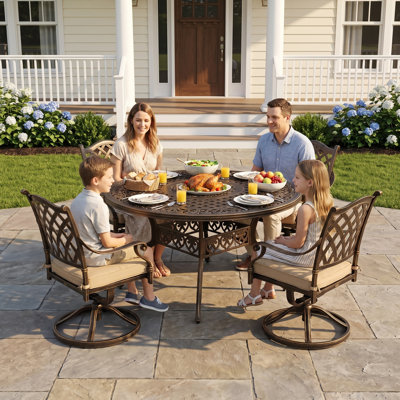 5 Piece Outdoor Dining Set Cast Aluminum, Retro Patio Dining Furniture Set for 4 Includes 54’’ Round Table 4 Chairs with Thicker Cushion and Umbrella Hole for Patio Deck Garden