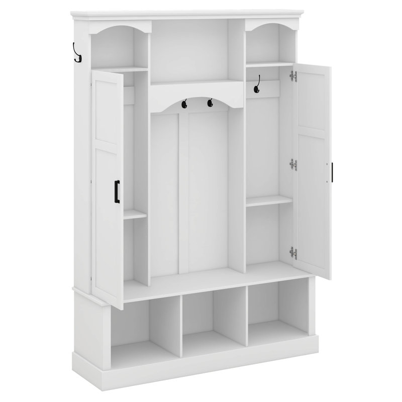 Hall Tree With Bench And Dual Side Cabinets, All-In-One Hall Tree With Adjustable Shelves, Entryway Organizer With 7 Hooks