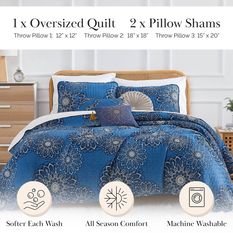 Midnight Floral Collection Microfiber 6 Piece Oversized Quilt Set by Southshore Fine Linens, Blue