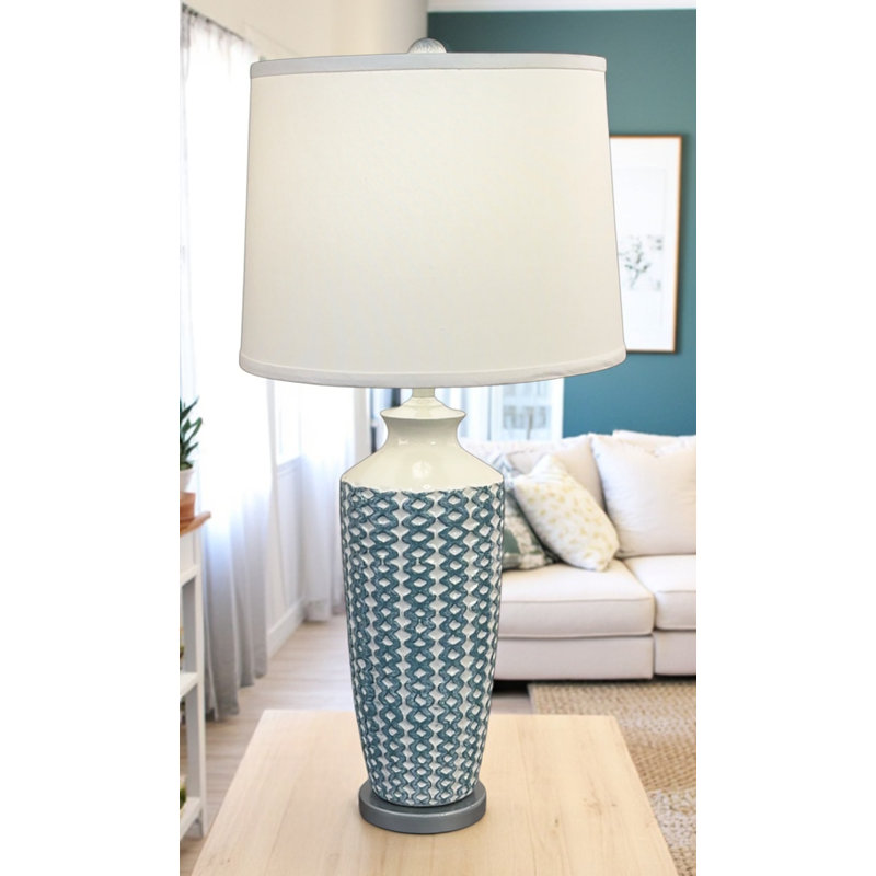 Lampe de table vase en tissage de panier bleu marine / ivoire, Crème, crème