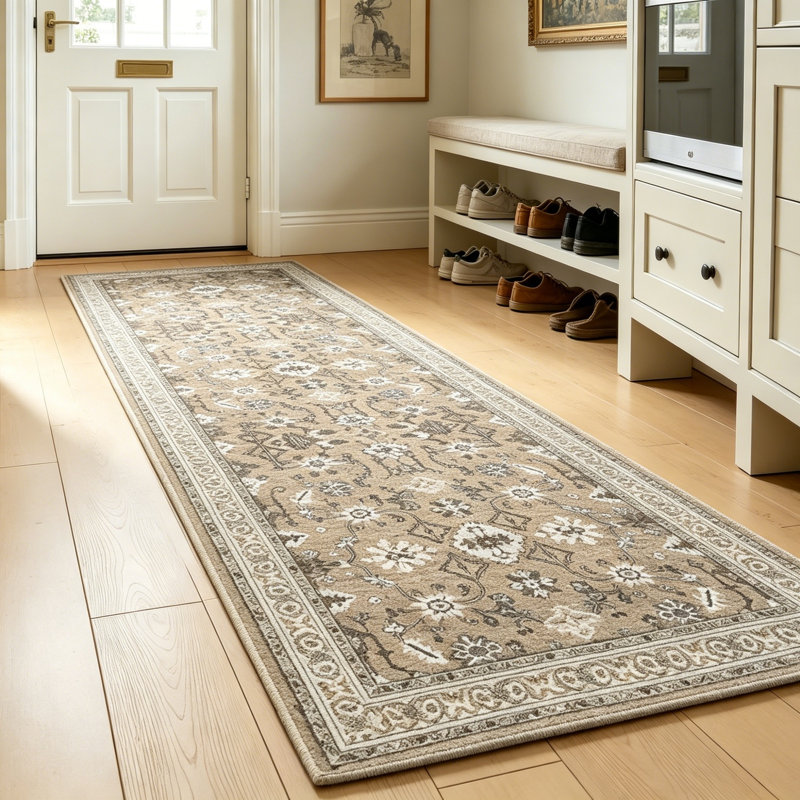 Non-Slip Washable Farmhouse Kitchen Rug Set of 2, Rubber Bottom, Beige