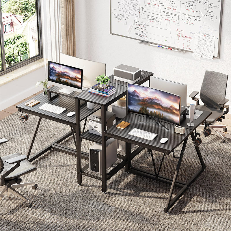 2-Person Gaming Table, Dual Computer Table With Monitor Stand And 2-Tier CPU Holder, 2 Headphone Hooks, Cup Holder
