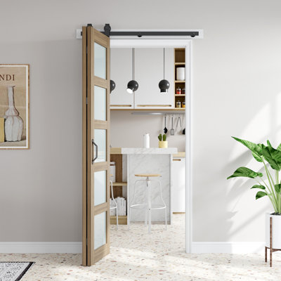 Porte de grange pliante 5 pièces en verre givré et en bois d'épinette massif avec quincaillerie - assemblage facile requis