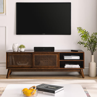 Meuble télé 65 po avec portes garnies, pieds en bois massif - Meuble audio-vidéo foncé pour téléviseur de 65 po dans la chambre à coucher, salon avec pieds au centre