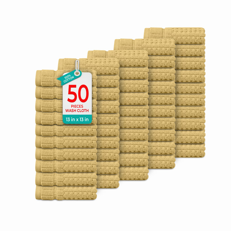 Willow 50 Pieces Washcloth Towel Set – 100% Combed Cotton, Premium Quality 630 GSM, Yellow, Ultra-Soft & Highly Absorbent (50 Wash Towels)