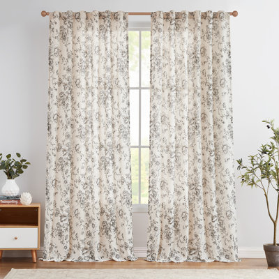 Neacsa Linen Semi Sheer Peony Flower Patterned Rod Pocket Curtain Pair