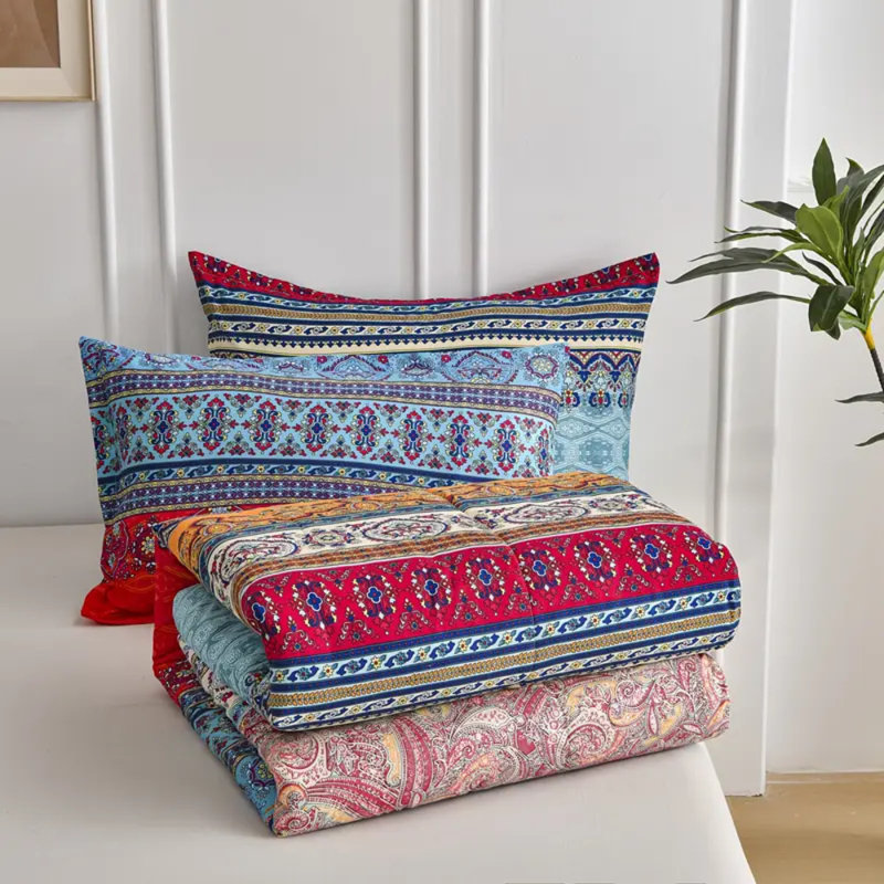Housse de couette bohémienne à rayures bleues et blanches, Housse de couette simple + 1 taie d'oreiller