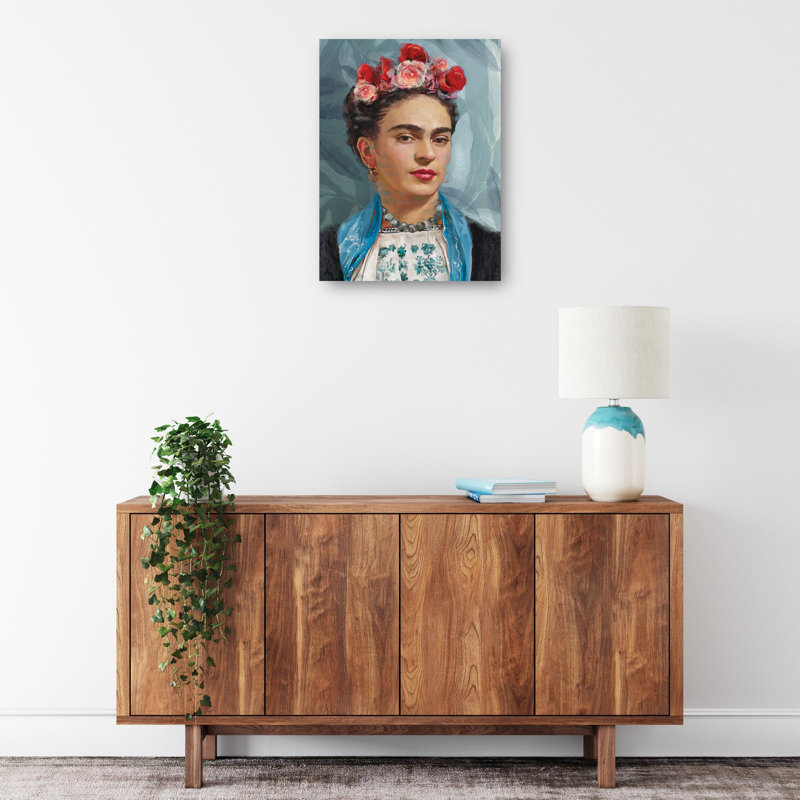 Floral Crown Portrait Canvas Art Print in Blue and Red