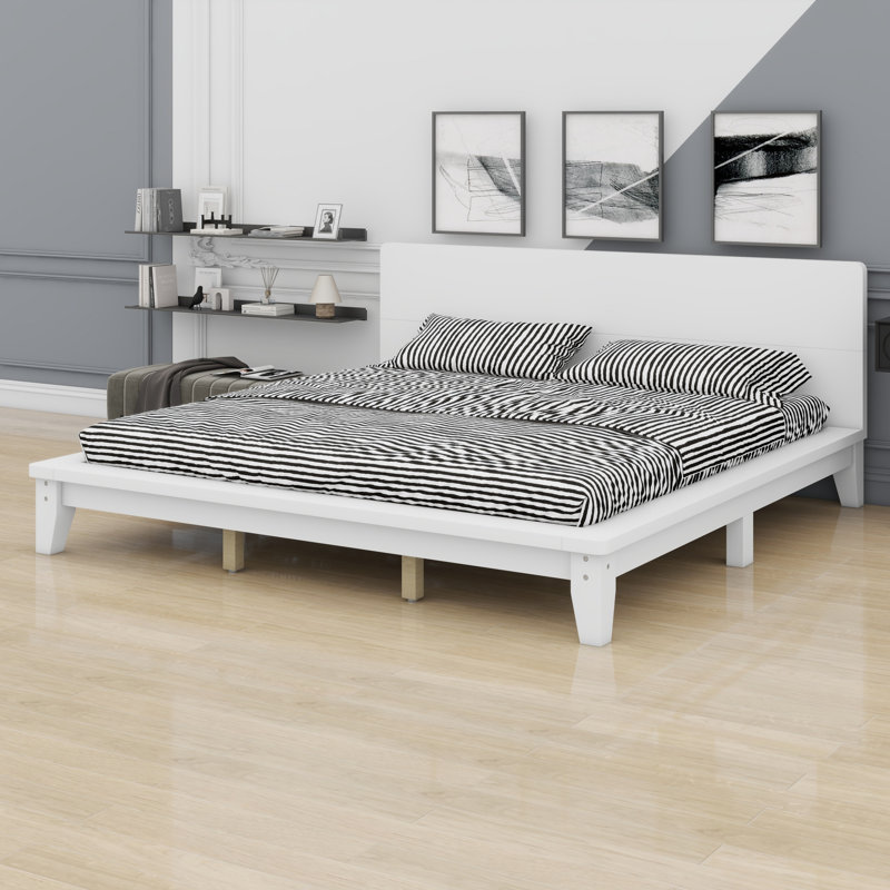 Base de lit plateforme durable avec tête de lit et lattes solides, Très grand lit, Blanc