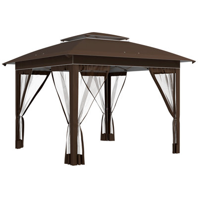 12' X 12' Pop Up Canopy Tent With Netting And Carry Bag, Instant Sun Shelter With 137 Sq.Ft Shade, Beige And Brown