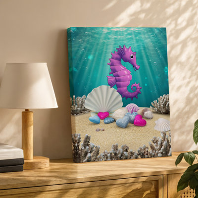 Toile, une scène sous-marine fantaisiste mettant en vedette un hippocampe caricatural vibrant dans un art mural nuances de rose et de mauve debout fièrement sur toile