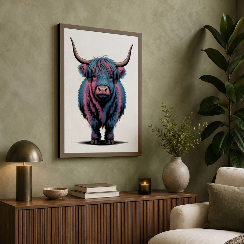 Highland Bull Portrait Modern - Wrapped Canvas, 36x24 - 91.4 x 61.0 cm, Sage Border