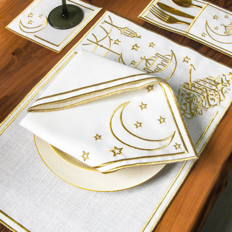 Embroidered White Linen Placemats with Gold Scrollwork – 24pc Elegant Table Mats Set for 6 Person | Islamic Decorative Dining Linens
