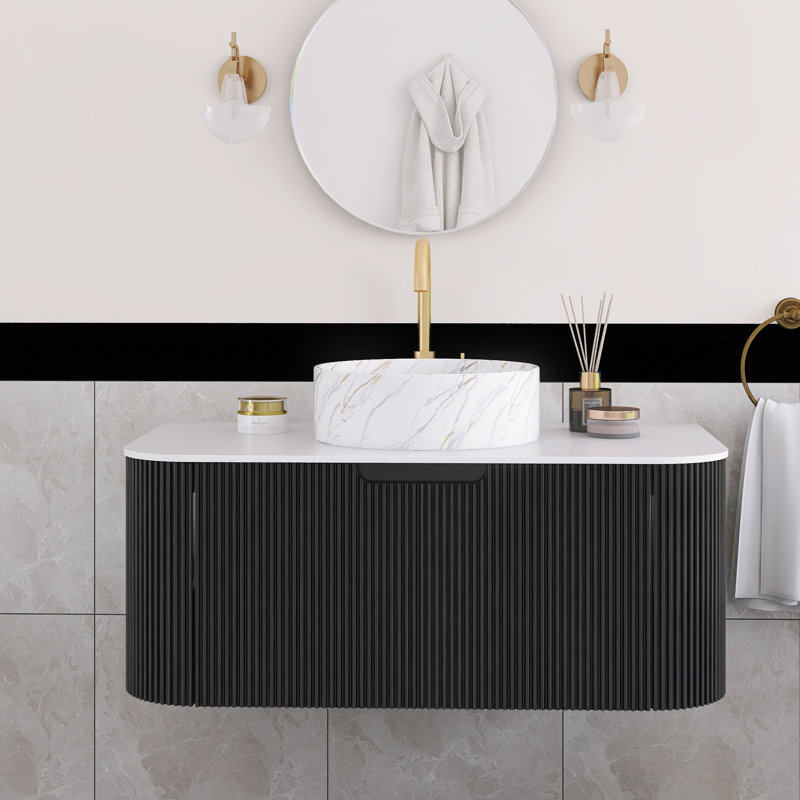 Meuble-lavabo flottant mural 36 po noir avec plateau en marbre artificiel blanc, Noir