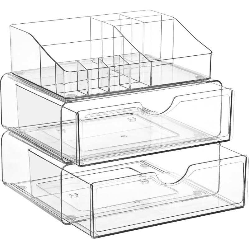 Organisateur de maquillage transparent à 3 niveaux avec tiroir - Rangement pour cosmétiques pour comptoir, commode et meuble-lavabo - Porte-beauté pour rouge à lèvres, pinceaux, soins de la peau et plus