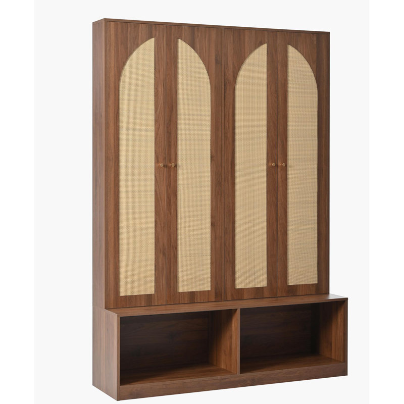 Farmhouse Widen Hall Tree with 4 Rattan Doors, Versatile 4-In-1 Seating Bench with 6 Hooks, Mid-Century Entryway Shoe Cabinet with Adjustable Shelf for Living Room