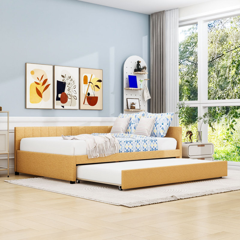 Linen Upholstered Daybed with Twin Trundle, Full/Double, Yellow