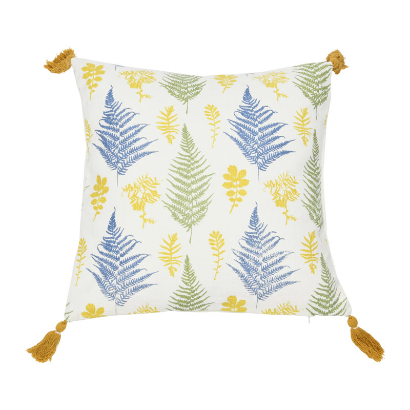 Botanical Print Cotton Square Pillow with Tassels
