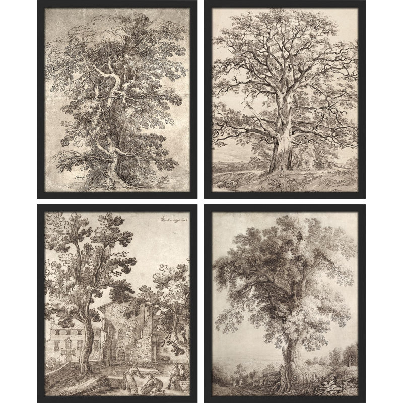 "Forest Tree Sketches" sépia bicolore, impression sur papier 4 pièces, Noir, H 16 po x l 12 po