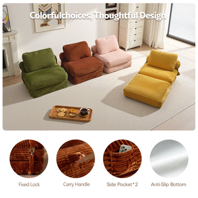 Boneless No-assembly Sleeper Chair Sofa Bed, Flip-out Single Couch For Apartments, Dorms & Small Spaces, Corduroy Folding Lazy Chair For Living Room Or Bedroom