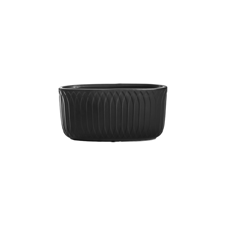 Ceramic Low Oval Pot with Embossed   Symmetric Spiral Pattern Design Body and Bellied Bottom Base Matte Finish Black..10.50"x4.80"x5.25"H