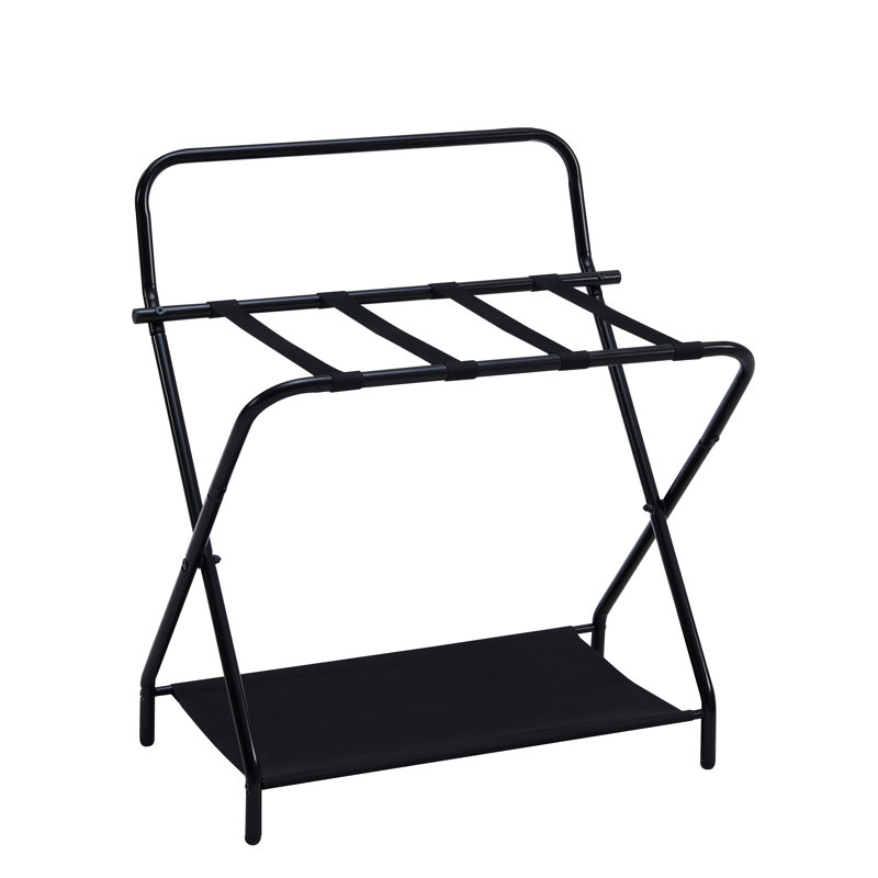 Black Metal Folding Luggage Rack with Fabric Shelf