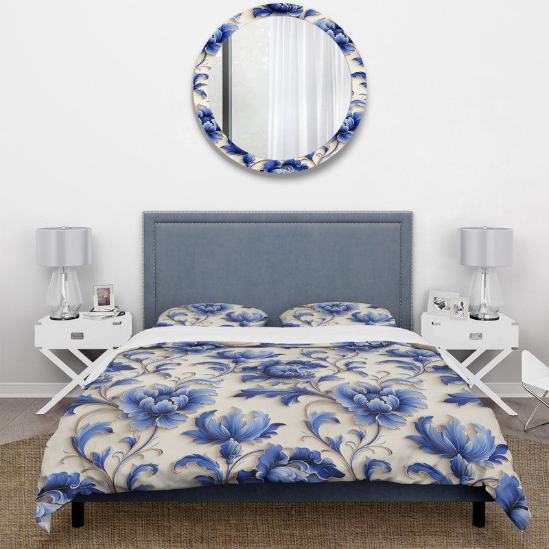 Blue Ornamental Frames Victorian Pattern II Polyester Duvet Cover Set, Queen Duvet Cover + 2 Standard Shams