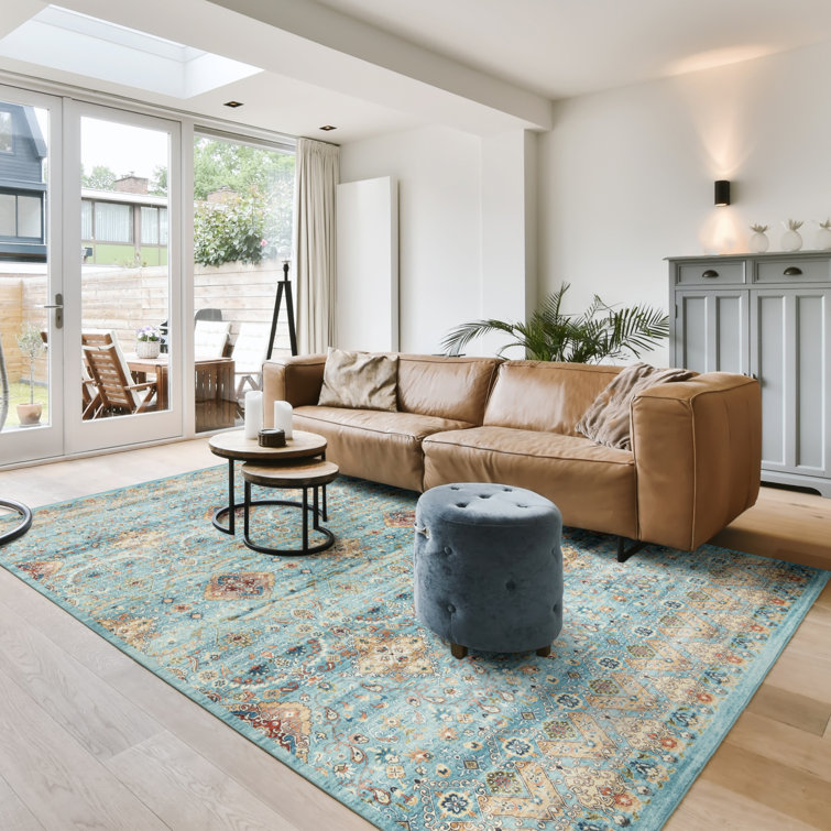 Samira Tanis Aqua Blue Gold Cream Multi Moroccan Bohemian Machine Washable Indoor Area Rug, Flat Pile for Living Room & Bedroom