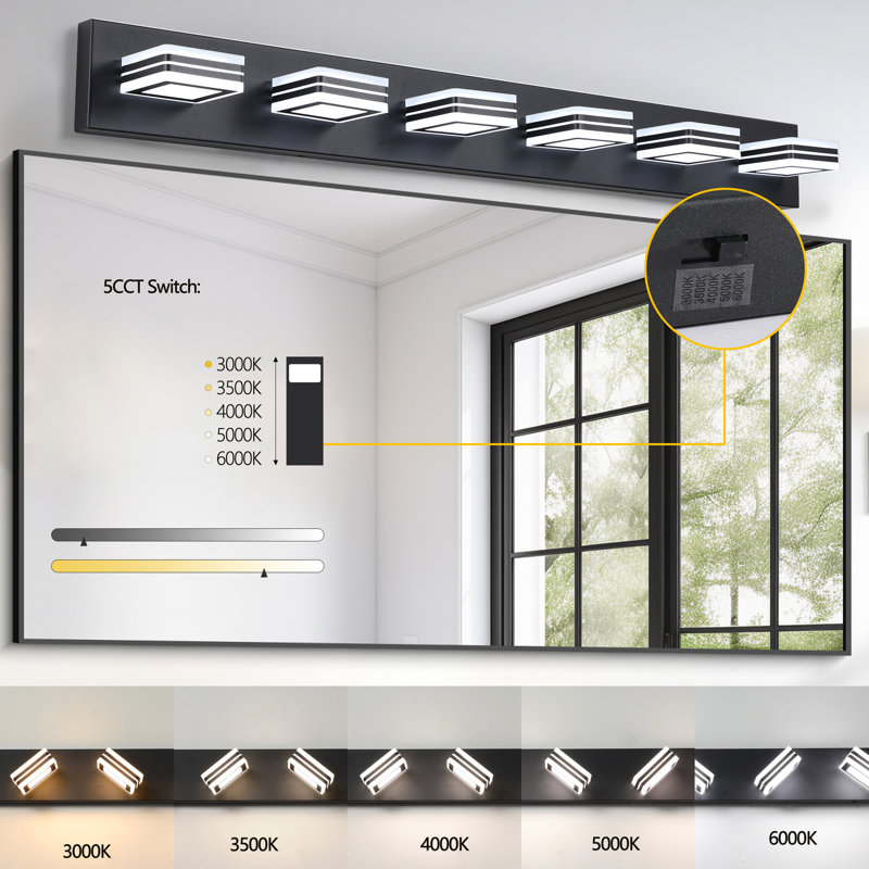 Meuble-lavabo moderne à 6 lumières à DEL à intensité variable, fer et acrylique, écoénergétique, 36 W, 100 - 120 V, 4,35 po de hauteur, longueur noire,