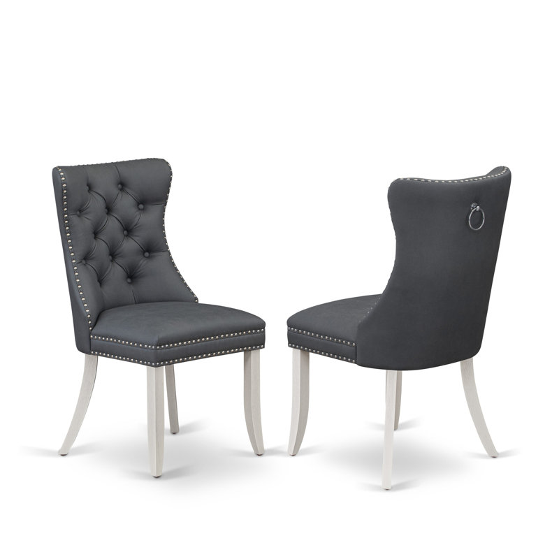 Dallas Parson Dining Chairs - Button Tufted Nailhead Trim Platinum Gray Polyester Fabric Upholstered Chairs, Set of 2, Wirebrushed Bright Linen white