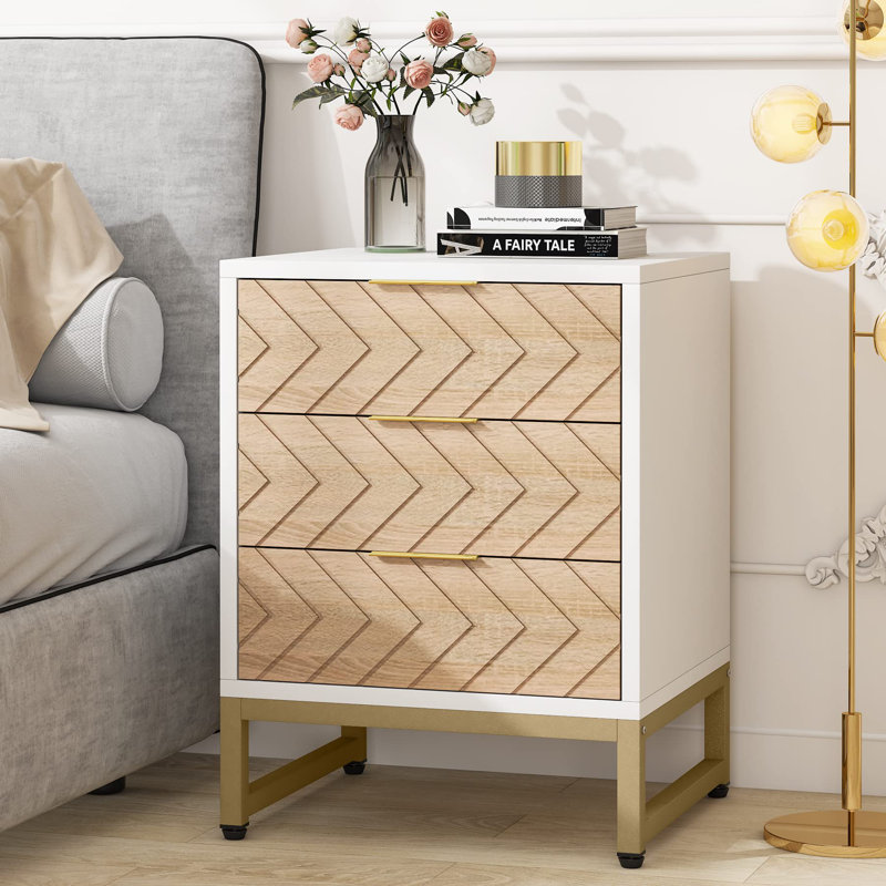 Modern Nightstand 3 Drawers Bedside Table, White/Beige/Gold
