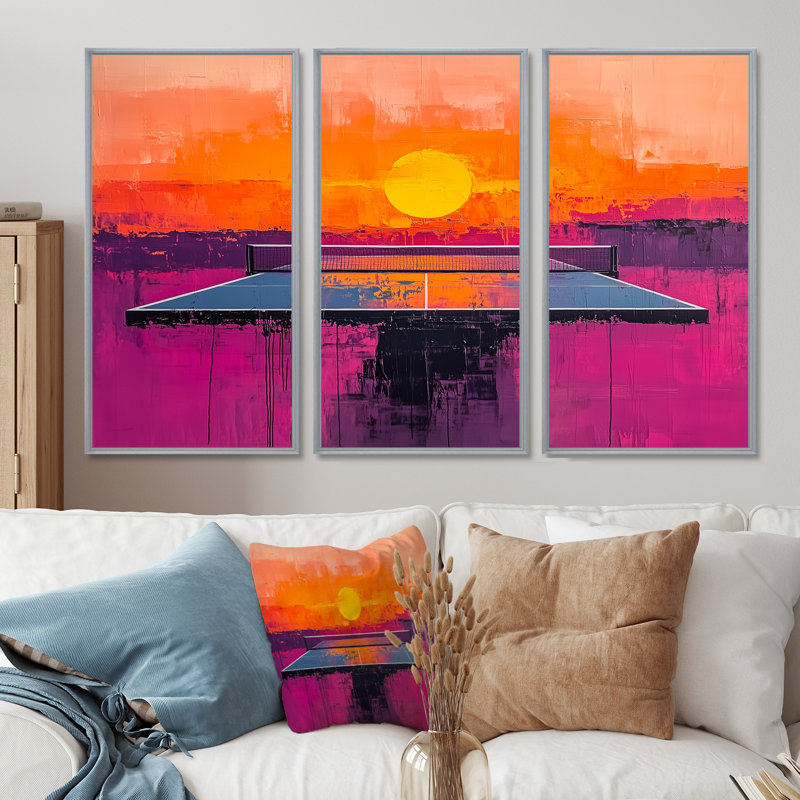 Jeu de ping-pong orange et mauve au coucher du soleil, H 40 po x l 60 po x P 1 po, Toile argentée avec cadre flottant