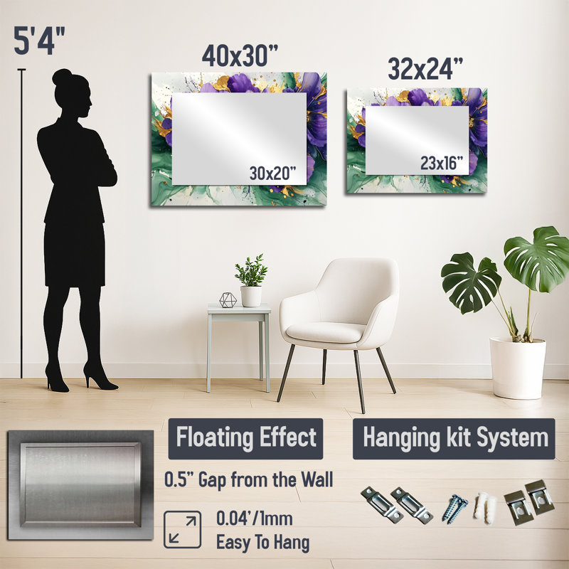 Emerald Violet Flowers Wild déplié II - Art mural miroir Violettes - imprimé sur métal, 24 po x 32 po