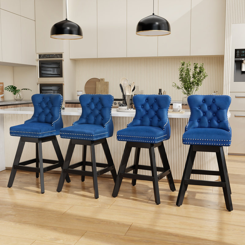 Velvet Swivel Tufted Wooden Barstools Set of 2, Blue
