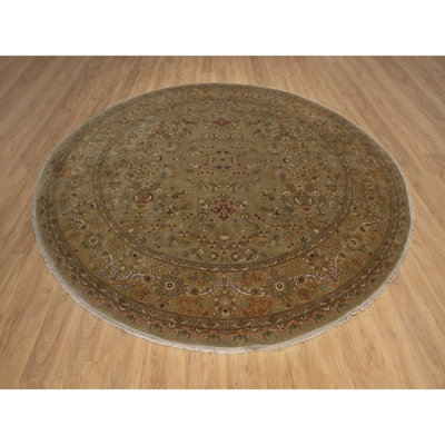 Tapis oriental brun en saule tissé à la main 10 pi x 10 pi, motif Kashan, 300 KPSI, rond, noué à la main