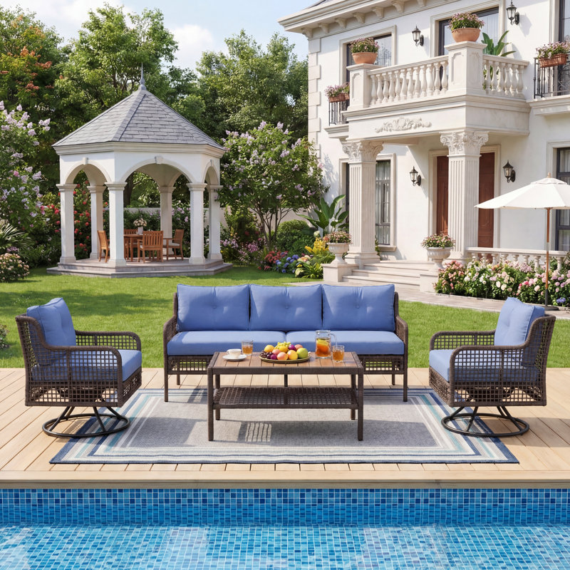 4-Piece 5-Seat Patio Conversation Furniture Set, Outdoor Patio Sofa with 360° Swivel Rocking Chairs, PE Rattan Sectional & Solid Wood Tabletop Coffee Table
